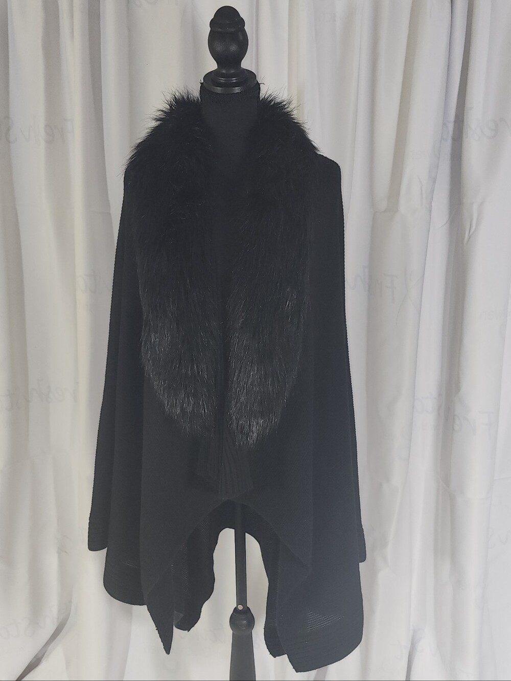 INC International Concepts Black Faux-Fur Collar Knit Wrap Poncho